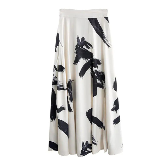 New Split Ink Print Chiffon Mid-Length Skirt