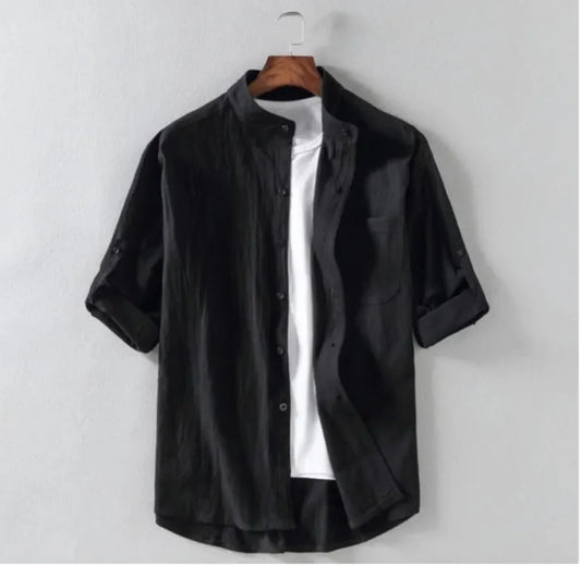 قميص رجالي فضفاض من الكتان بياقة واقفة