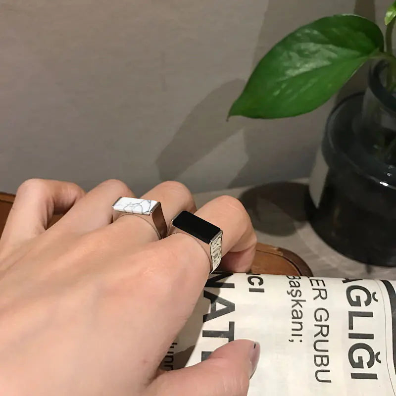 Black Onyx Ring, White Turquoise Ring, Unique Design