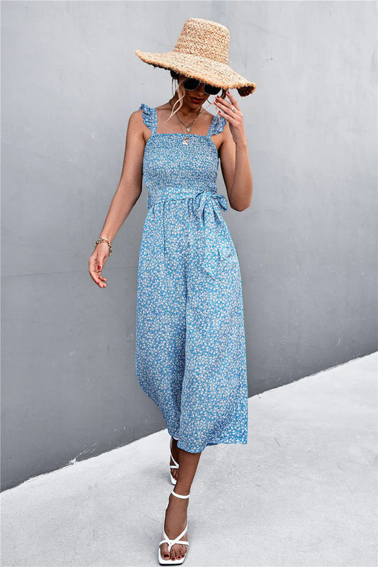 Floral Sleeve Jumpsuit with Flying Sleeves Belt