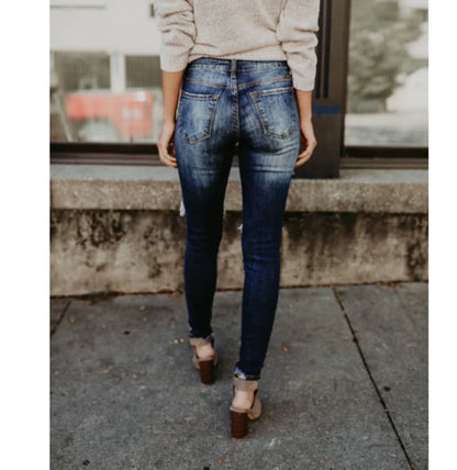 Women's Ripped Skinny Jeans - Mid-Rise Denim Pants