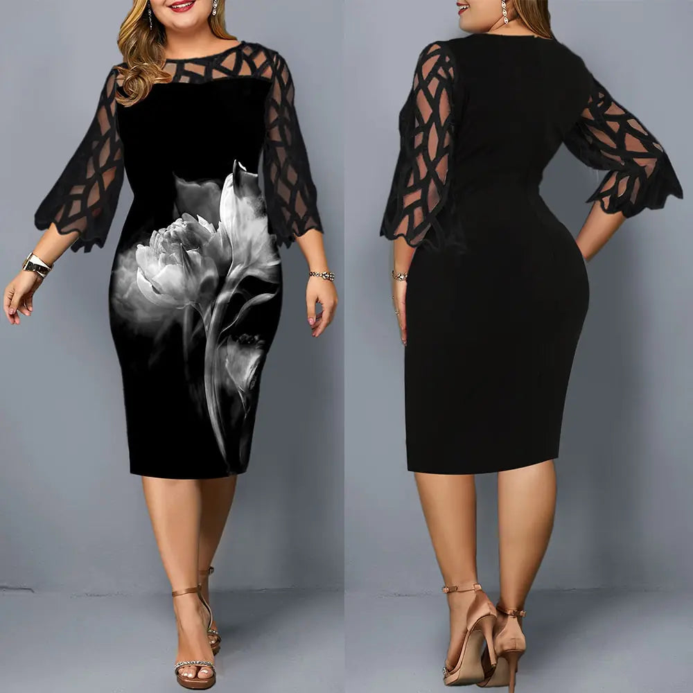 Plus Size Women's Lace Dress with Rose Print