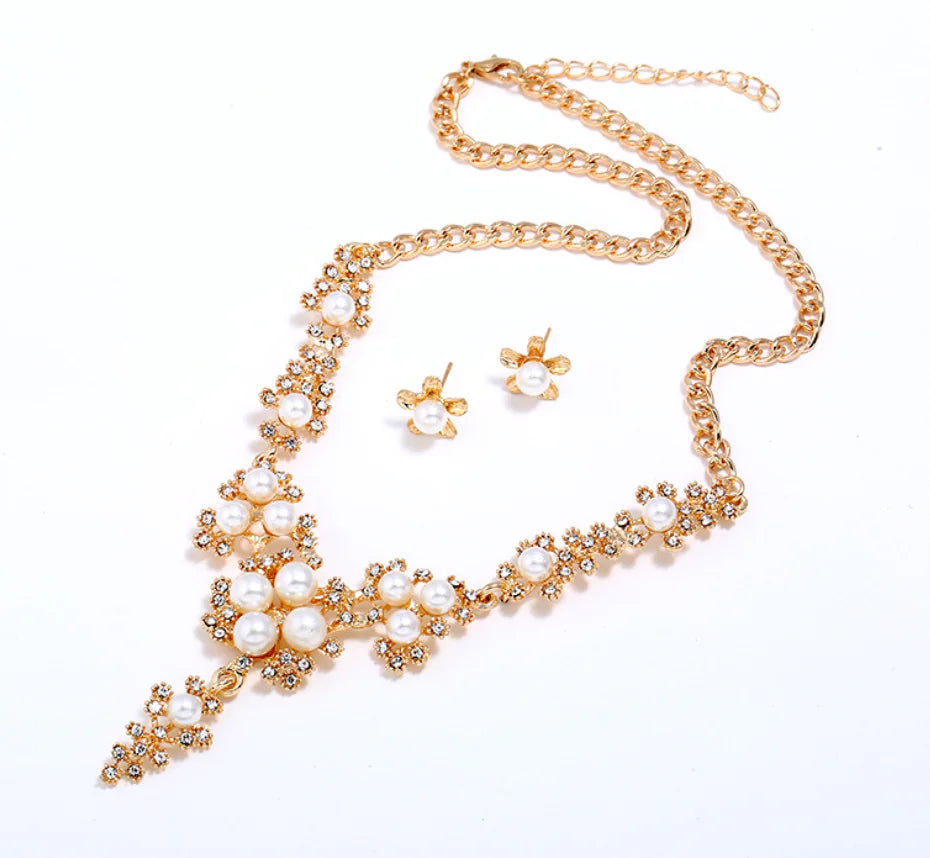 Pearl and Rhinestone Earring Necklace Set