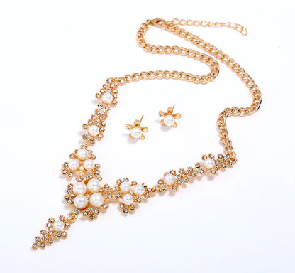 Pearl and Rhinestone Earring Necklace Set
