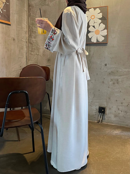 Linen Embroidered Band Lining Abaya Dress