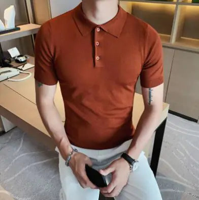 Men's Ice Silk Slim-Fit Polo Lapel Knitted Solid Color Summer T-shirt