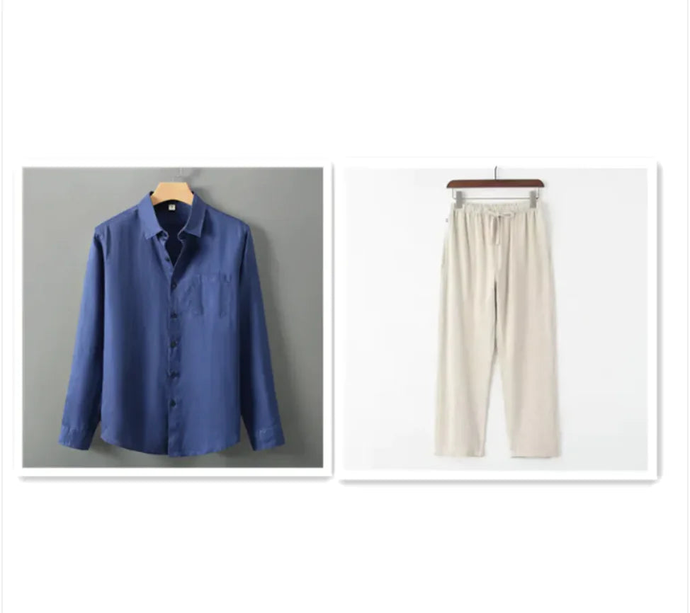 Men's Casual Linen Shirt with Loose Standing Collar