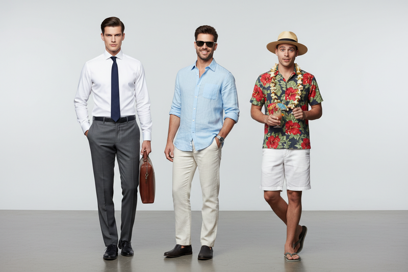 3 men - one wearing formal shirt, one wearing casual linen and sunglass, one wearing beachwear floral shirt and hat