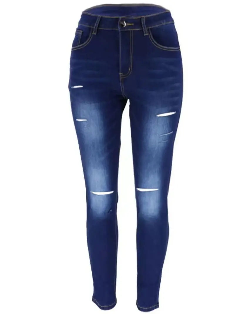 Ripped Holes Stretch Skinny Jeans - Blue Distressed Denim