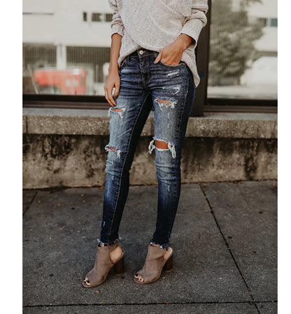 Women's Ripped Skinny Jeans - Mid-Rise Denim Pants