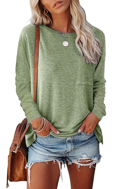 Pocket Split Long-sleeved Casual T-shirt