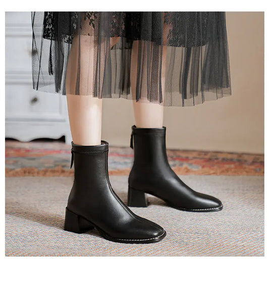 Women's Square Toe Chunky Heel Leather Ankle Boots