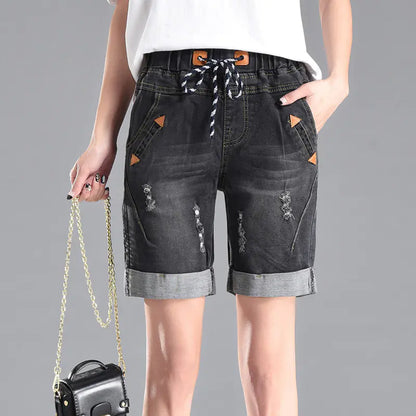 Summer Women's Ripped Denim Shorts, Loose Stretch Shorts