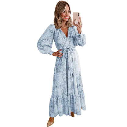 Leopard Print Long Sleeve V Neck Dress