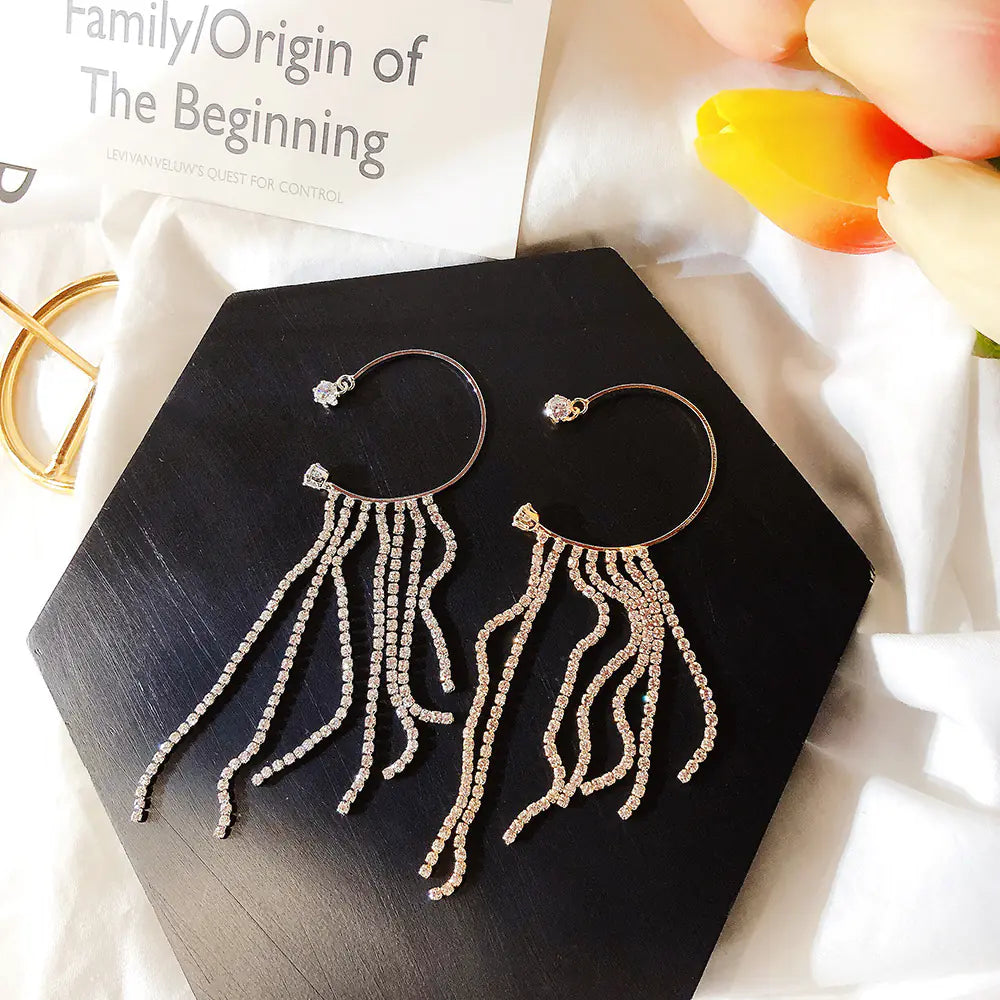Exaggerated Rhinestone Tassel Earring Without Piercing