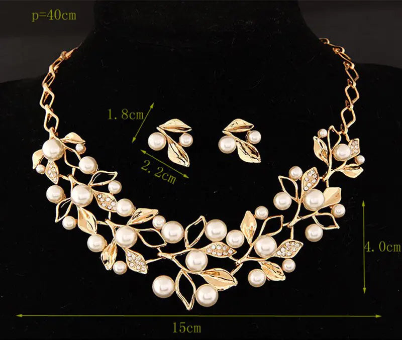 Fashion Metal Pearl Leaf Necklace & Earring Set