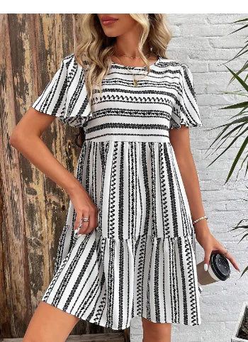 Floral Striped Round Neck Half Sleeve Women's Dress