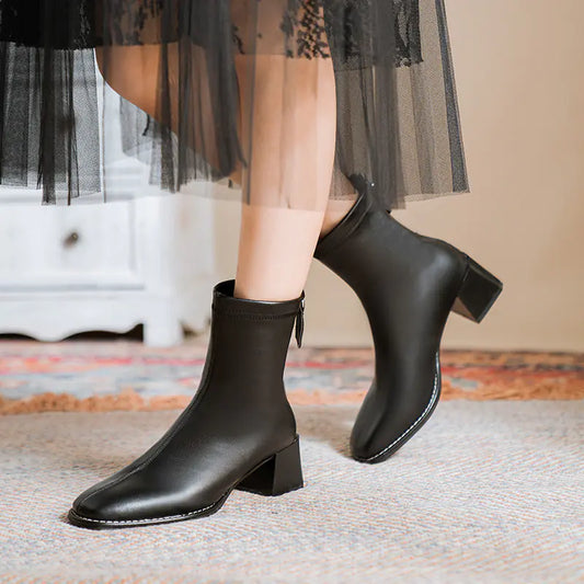 Women's Square Toe Chunky Heel Leather Ankle Boots