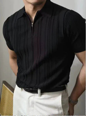 The Luc Polo L - Black Summer Knit Short Sleeve T-Shirt