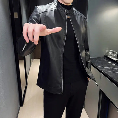 Men's Winter Leather Jacket with Zippered Cuffs