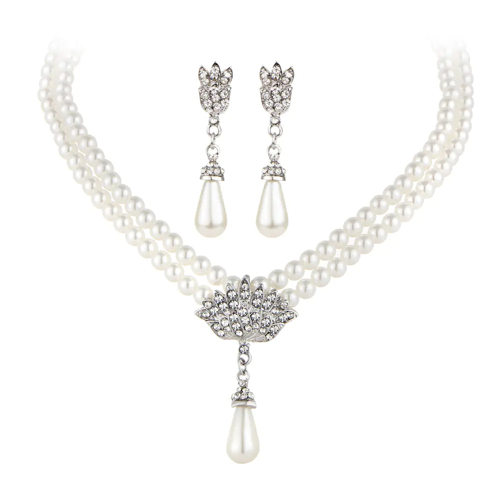 Bridal Pearl Crystal Necklace and Earring Set