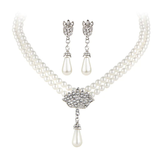 Bridal Pearl Crystal Necklace and Earring Set