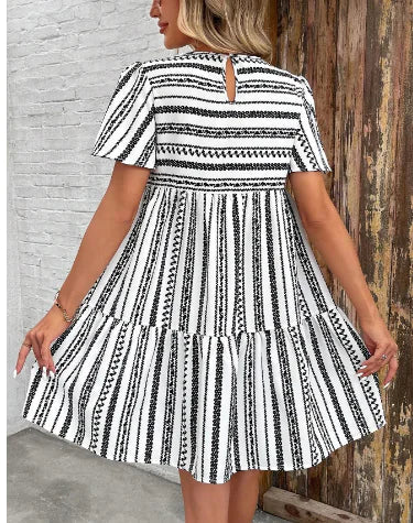 Floral Striped Round Neck Half Sleeve Women's Dress