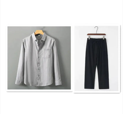 Men's Casual Linen Shirt with Loose Standing Collar