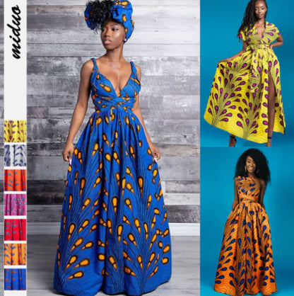 African Print High-Waist Irregular Dress with Slit