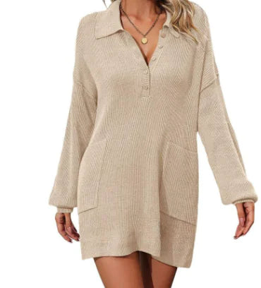 Solid Color Polo Collar Button Knitted Dress