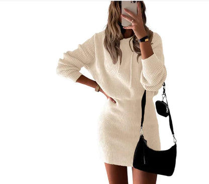 Hooded Mid-length Knitted Pullover with Cinched Waist