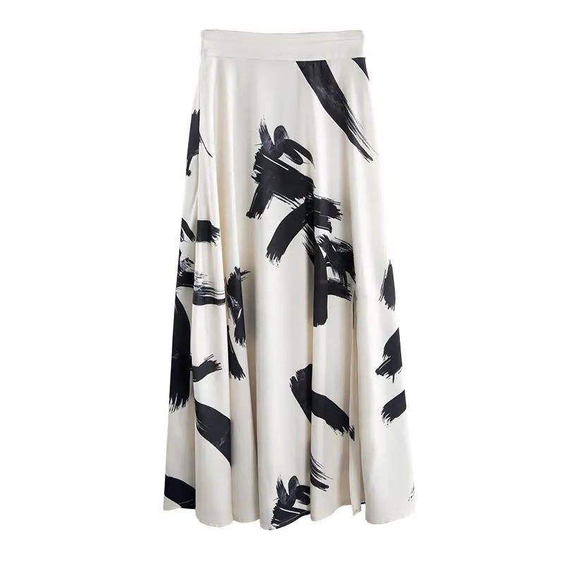 New Split Ink Print Chiffon Mid-Length Skirt