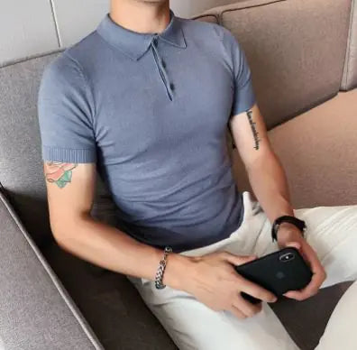 Men's Ice Silk Slim-Fit Polo Lapel Knitted Solid Color Summer T-shirt
