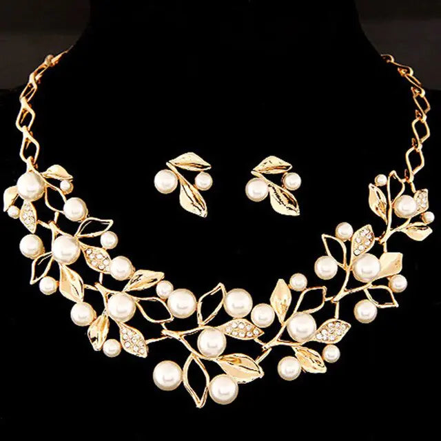 Fashion Metal Pearl Leaf Necklace & Earring Set