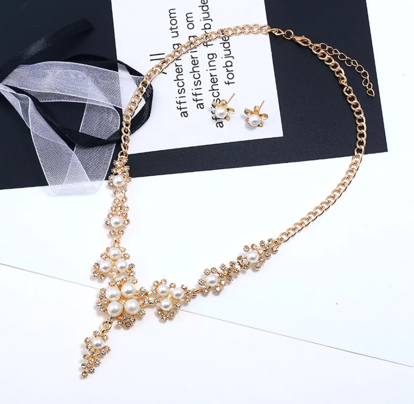 Pearl and Rhinestone Earring Necklace Set