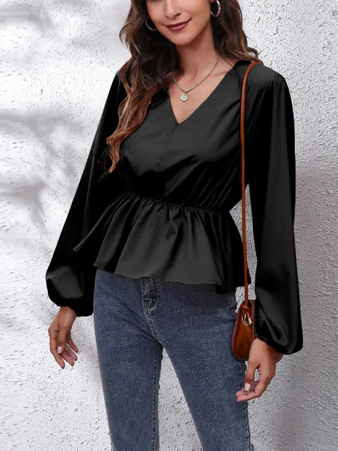 Elegant Women's Casual Shirt with Lantern Sleeves