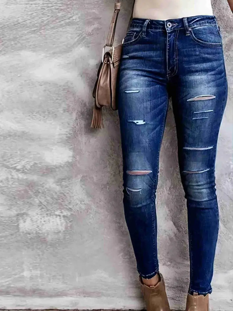 Ripped Holes Stretch Skinny Jeans - Blue Distressed Denim