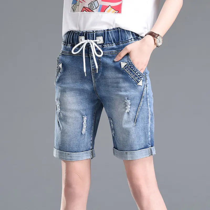 Summer Women's Ripped Denim Shorts, Loose Stretch Shorts