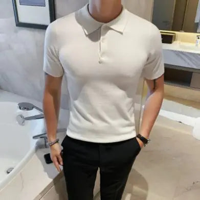 Men's Ice Silk Slim-Fit Polo Lapel Knitted Solid Color Summer T-shirt