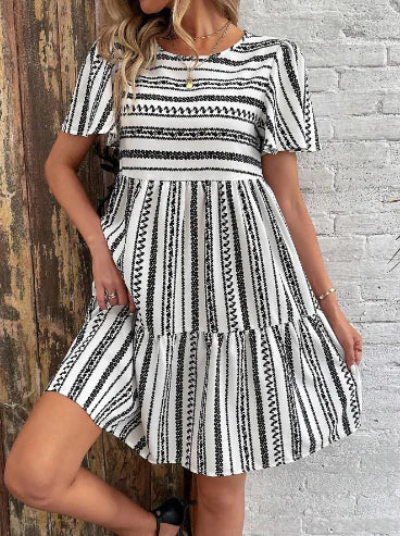 Floral Striped Round Neck Half Sleeve Women's Dress
