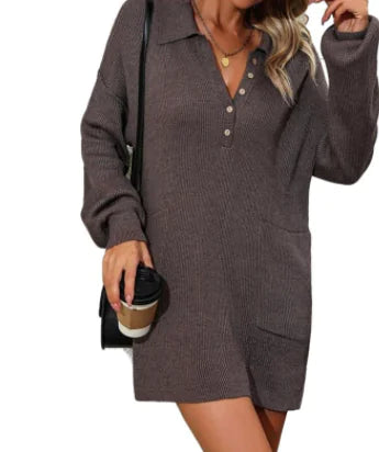 Solid Color Polo Collar Button Knitted Dress