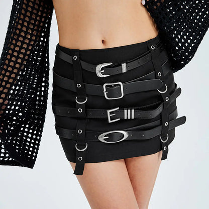 Motorcycle-Inspired Low Waist Skirt with Belt and Bag