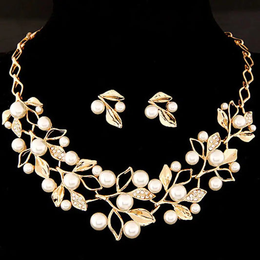 Fashion Metal Pearl Leaf Necklace & Earring Set