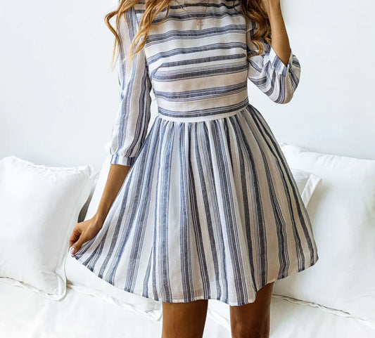 Floral Striped Round Neck Half Sleeve Women's Dress