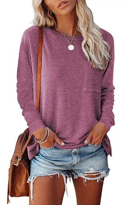 Pocket Split Long-sleeved Casual T-shirt