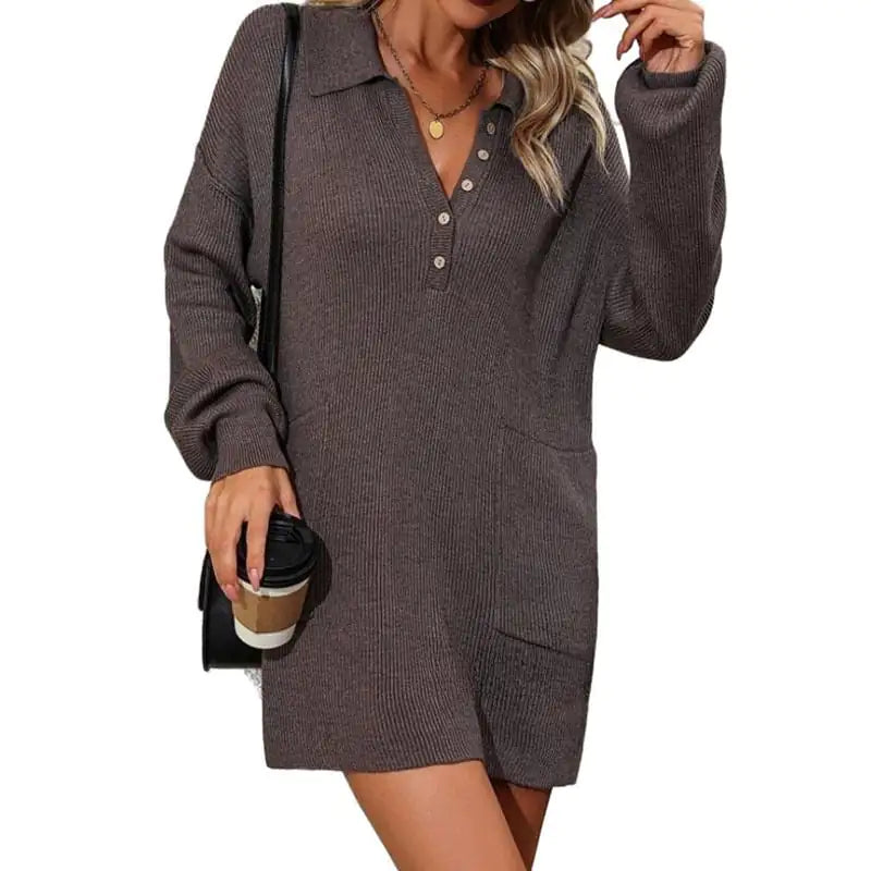 Solid Color Polo Collar Button Knitted Dress