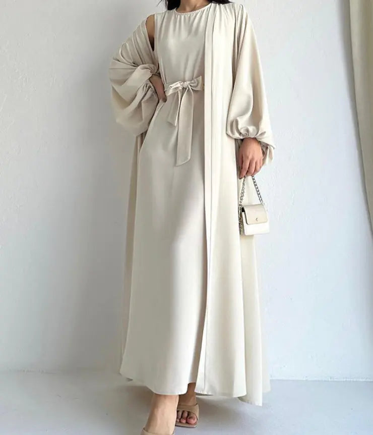 Elegant Abaya Ramadan Two-Piece Set with Tie Waist