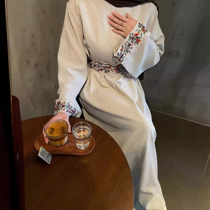 Linen Embroidered Band Lining Abaya Dress