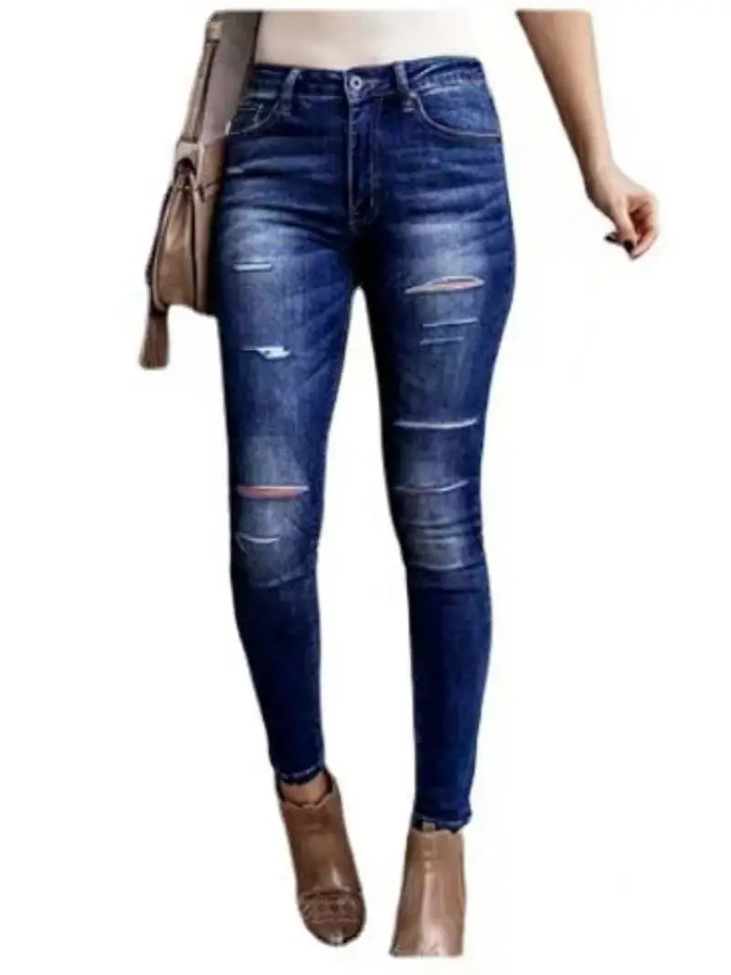 Ripped Holes Stretch Skinny Jeans - Blue Distressed Denim