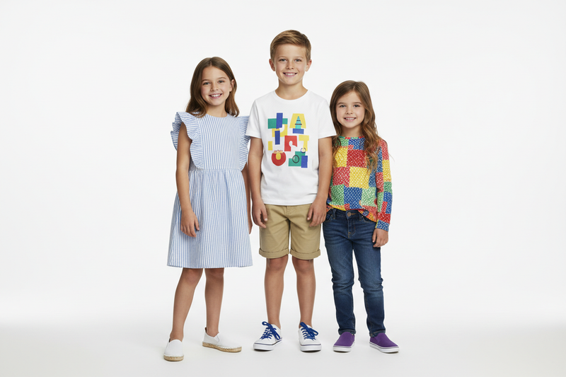 A bright, clean white-background fashion image featuring 2–3 kids (boys and girls) aged 5–10 wearing a variety of stylish outfits. One girl wearing a casual summer dress, one boy wearing shorts and a graphic t-shirt, and another child wearing jeans with a colorful top. Natural poses, smiling expressions, modern minimal styling. Soft studio lighting, high-resolution, catalog-style photo, centered composition, suitable for e-commerce collection card